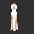 Woman in White Long Dress with Deep V Neckline High Slit and Decorative Patterns