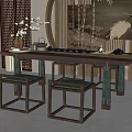 Chinese Style Tea Table With Green Cushioned Stools And Decorative Artwork 3d model