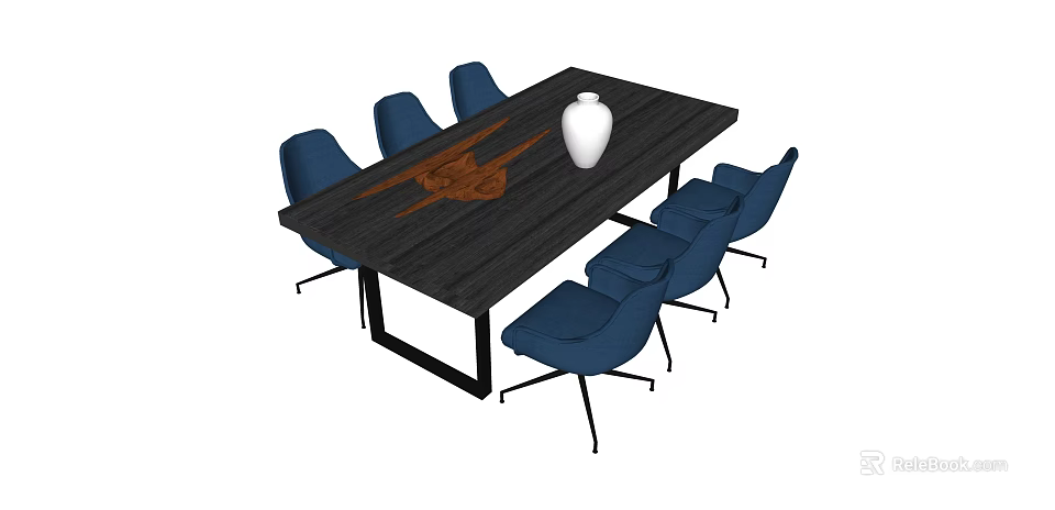 Modern Dark Wooden Dining Table Set With Six Blue Chairs White Vase And Wooden Decoration 3d model 