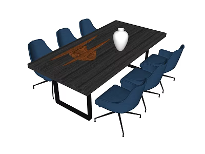 Modern Dark Wooden Dining Table Set With Six Blue Chairs White Vase And Wooden Decoration 3d model