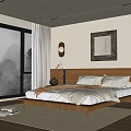 Modern Minimalist Bedroom Interior With Wooden Bed Frame Nightstand And Large Window View