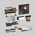 Organized Kitchen Utensils Storage with Shelves Jars Chalkboard Towels Spices Paper Towel and Cooking Tools