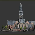 Traditional Architectural Model With Spire Tower Multiple Gabled Roofs Arched Windows And Green Plants