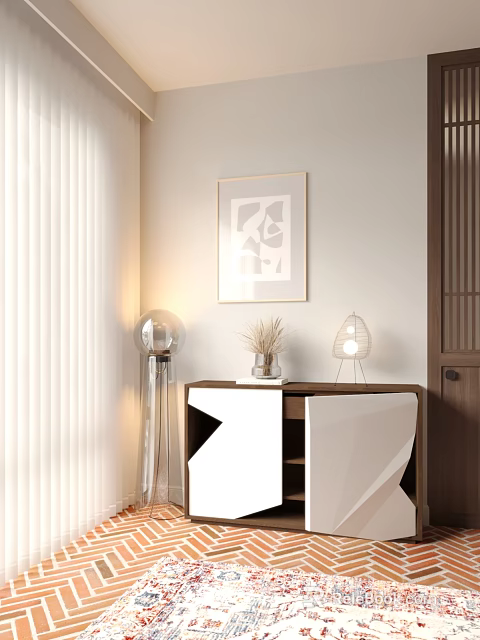 Modern Entryway Console Table And Side Cabinet With Wall Art Floor Lamp Vase And Decor 3d model 