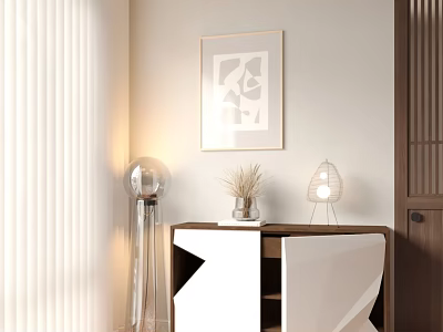 Modern Entryway Console Table And Side Cabinet With Wall Art Floor Lamp Vase And Decor 3d model
