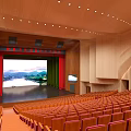 Cultural Center Interior With Red Seats Stage Wooden Walls And Curved Lighting Design