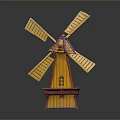 Small Vintage Decorative Windmill Model With Yellow Blades And Red Base