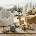 Cozy Bean Bag Chairs With Stuffed Toys Photo Frames And Window Forest View
