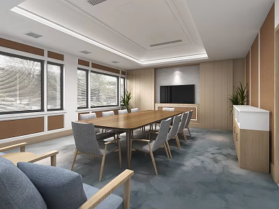Modern Conference Room Interior With Long Wooden Table Chairs Windows TV And Wooden Walls 3d model