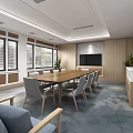 Modern Conference Room Interior With Long Wooden Table Chairs Windows TV And Wooden Walls