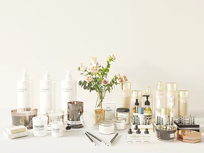 Luxury Perfume Cosmetics Skincare Collection With Glass Bottles Jars And Rose Bouquet 3d model