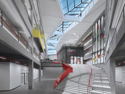 Modern Indoor Atrium Design Featuring Glass Skylight Red Staircase And Multi Level Layout 3d model