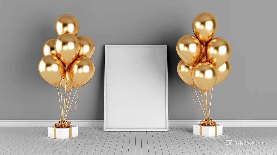 Elegant Golden Balloons With White Photo Frame And Gift Boxes On Gray Wall White Floor 3d model 