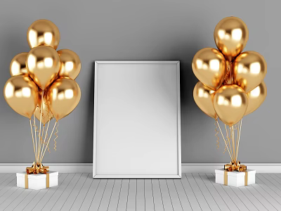 Elegant Golden Balloons With White Photo Frame And Gift Boxes On Gray Wall White Floor 3d model