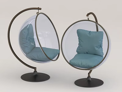 Modern Spherical Leisure Chair With Transparent Shell Blue Cushion And Black Metal Base 3d model