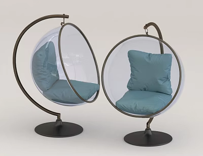 Modern Spherical Leisure Chair With Transparent Shell Blue Cushion And Black Metal Base 3d model
