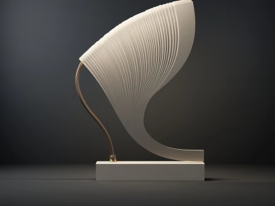 Elegant Modern Table Lamp With White Striped Curved Shade And Curved Metal Stand Marble Base 3d model