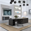 Modern Interior Showroom With Large Decorative Paintings Marble Panels White Armchairs And Pendant Lights