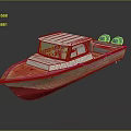 Stylish Wooden Yacht With Colorful Hull White Canopy And Blue Equipment