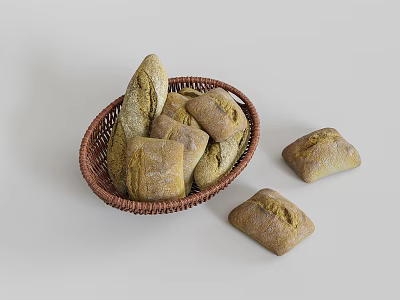 Fresh Baked Bread Loaves in Wicker Basket with Extra Pieces on Table Surface 3d model