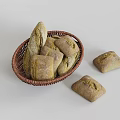 Fresh Baked Bread Loaves in Wicker Basket with Extra Pieces on Table Surface 3d model