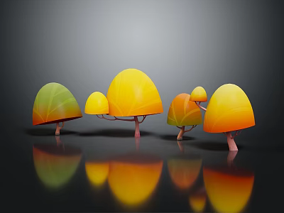 Vibrant Cartoon Scene with Colorful Mushroom Shaped Trees on Black Background with Reflections 3d model