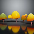Vibrant Cartoon Scene with Colorful Mushroom Shaped Trees on Black Background with Reflections
