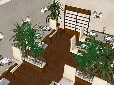 Restaurant Interior Design With Dining Tables White Chairs And Potted Green Plants 3d model