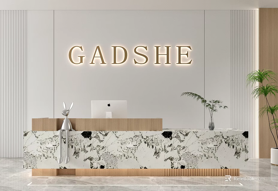 Modern Reception Desk With Marble Countertop Wooden Design GADSHE Logo Sign Potted Plants And Computer 3d model 