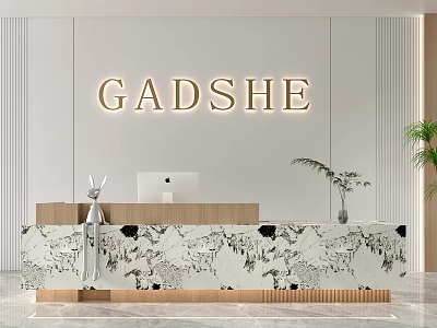 Modern Reception Desk With Marble Countertop Wooden Design GADSHE Logo Sign Potted Plants And Computer 3d model