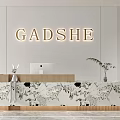 Modern Reception Desk With Marble Countertop Wooden Design GADSHE Logo Sign Potted Plants And Computer
