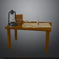 Wooden Table Setup With Kerosene Lamp Open Box Bottle Tools And Papers