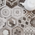 Vintage Hexagonal Tile Floor With Intricate Patterns And White Teapot Accent 3d model
