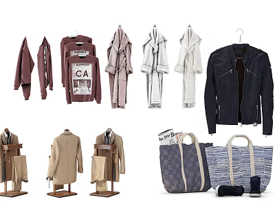 Stylish Clothes Featuring Hanging Coats Sweatshirts Trench Coats On Display Stands And Tote Bags Shoes 3d model