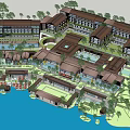 Tropical Resort Architecture Complex Featuring Courtyard Pool Palm Trees and Waterfront View
