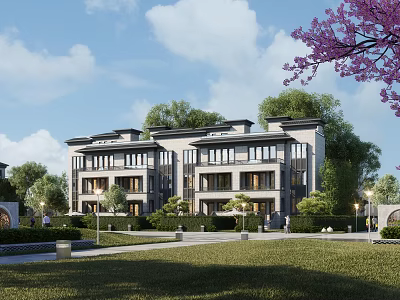 Modern Semi detached Villa Exterior Design With Lush Greenery Lawn And Trees 3d model