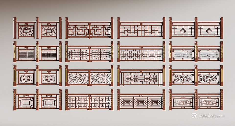 Various Styles Of Wooden Fence With Intricate Carvings And Traditional Patterns 3d model 