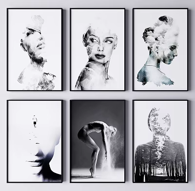 Six Black And White Human Figure Art Prints For Modern Wall Decoration 3d model