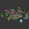 3D Model Medieval Castle Building With Stone Walls Towers Arched Gateways And Potted Plants