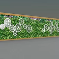 Vertical Living Plant Wall With White Circular Icons And Wooden Frame Indicators