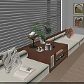 Cozy Bay Window Cabinet with Window Blinds Green Plants Throw Pillows and Small Table