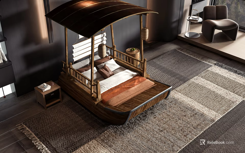Wooden Boat Shaped Canopy Double Bed With Nightstand And Rug In Bedroom 3d model 