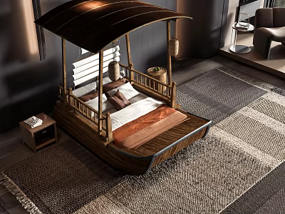 Wooden Boat Shaped Canopy Double Bed With Nightstand And Rug In Bedroom 3d model