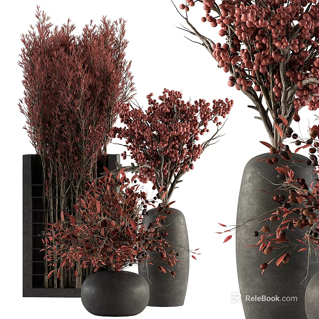 Modern Black Vases With Red Flowers Berries And Leafy Branches Arrangement 3d model 
