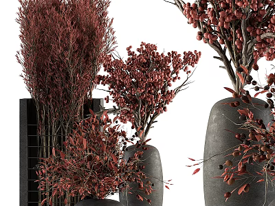 Modern Black Vases With Red Flowers Berries And Leafy Branches Arrangement 3d model