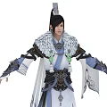 Elegant Ancient Character Wearing Feathered Traditional Costume With Intricate Blue White Patterns And Jade Pendants