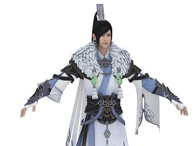 Elegant Ancient Character Wearing Feathered Traditional Costume With Intricate Blue White Patterns And Jade Pendants 3d model