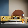 Modern Yellow Sofa and Coffee Table Set with Decorative Cushions and Geometric Pattern Rug 3d model