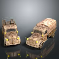 Two Vintage Military Truck Models with Camouflage Paint Roof Racks Yellow Headlights and Retro Design