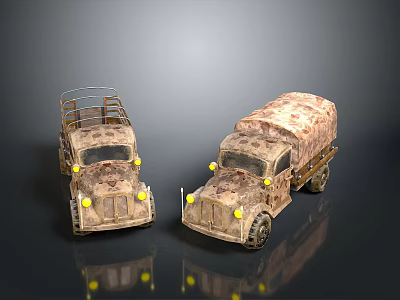 Two Vintage Military Truck Models with Camouflage Paint Roof Racks Yellow Headlights and Retro Design 3d model